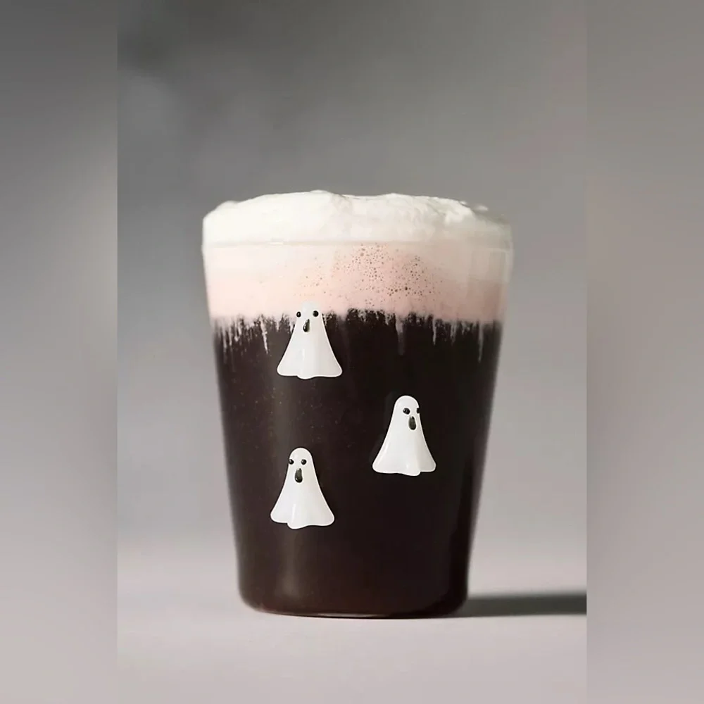 New Set of 2 Anthropologie Halloween 3D Ghost Icon Juice Mugs Cups Glass